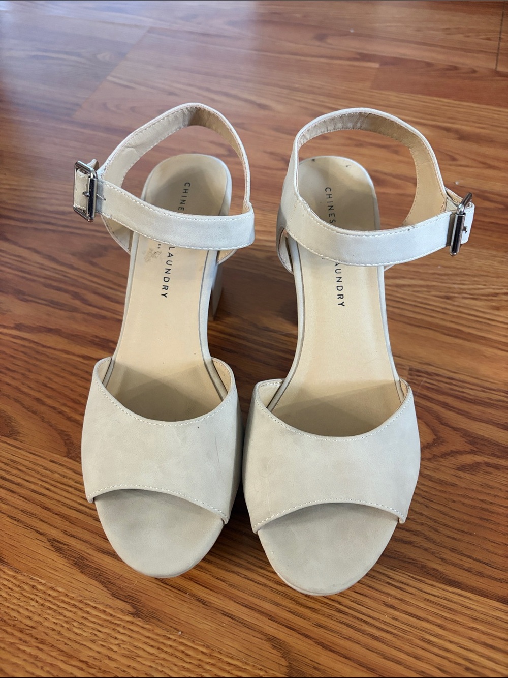 Chinese Laundry Cream Open-Toe Ankle Strap Block Heels